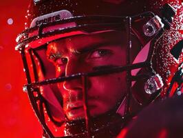 Football player prepares for an intense match under dramatic lighting photo