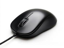 Computer mouse placed on a white surface with a cable photo