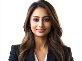 Professional woman in formal attire poses against a plain backdrop photo