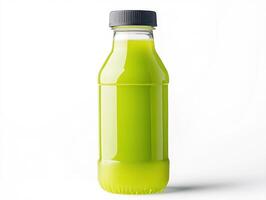 Fresh green beverage in a clear bottle on a white background photo