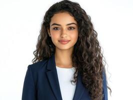 Young woman in formal attire poses confidently for a portrait photo