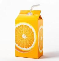 Bright yellow juice carton with orange slice design and straw photo
