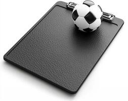 Clipboard and small soccer ball on a black surface for coaching photo