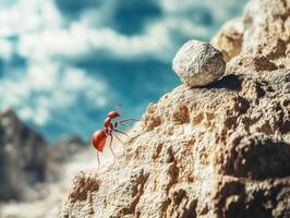 Red ant climbing a rocky surface under bright sky photo