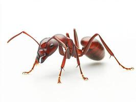 Close-up view of a red ant on a white surface photo