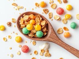 Colorful cereal mix displayed in a wooden spoon on a white background photo