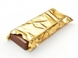 Chocolate bar wrapped in shiny gold foil on a clean surface photo