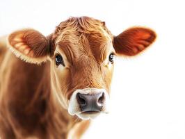 Young brown calf looking curiously at the camera indoors photo