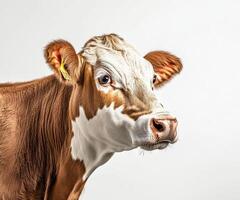 Brown and white cow poses for a close-up against a plain background photo