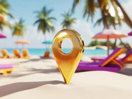 Golden location marker on sunny beach with palm trees and lounges photo
