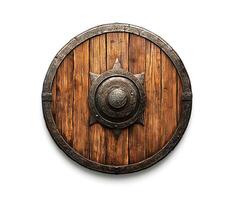 Historic wooden shield designed with intricate metalwork details photo