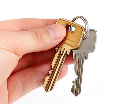 Hand holding two keys with a keyring in a bright setting photo