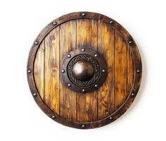 Traditional wooden shield with metal accents on display photo