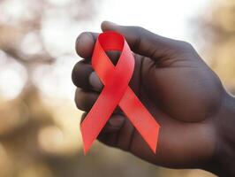 Hand holding a red ribbon symbolizing awareness and support photo