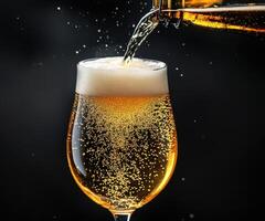 Golden beer poured into a glass with bubbles sparkling brightly photo
