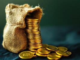 Pile of golden coins spilling from a burlap sack on dark surface photo