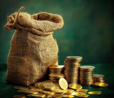 Old burlap sack filled with coins beside stacks of gold coins photo