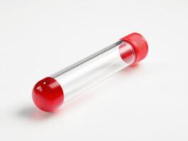 Test tube with red cap and bottom placed on a white background photo