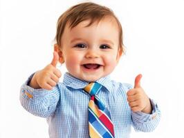 Happy toddler giving thumbs up in a colorful outfit photo