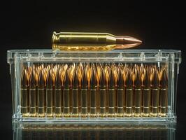 Golden bullets stacked in a clear container for firearms photo