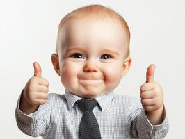 Baby gives double thumbs up while wearing a stylish outfit photo
