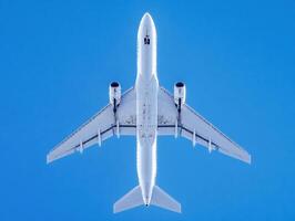 Airplane flying high in a clear blue sky during daytime photo