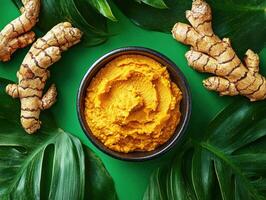 Bright turmeric paste surrounded by fresh turmeric roots and foliage photo