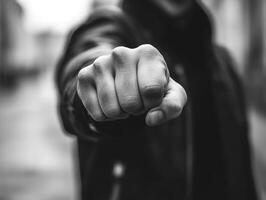 Strong fist extended forward with determination on city street photo