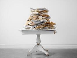 Overwhelming stack of unorganized papers on a table photo