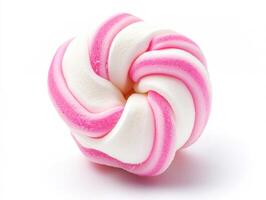 Delicious pink and white marshmallow swirl candy on a white background photo