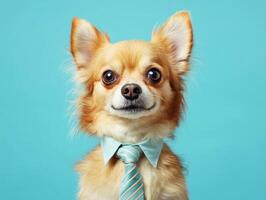 Charming Chihuahua dressed in a tie against a blue background photo