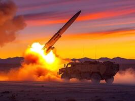Missile launch at sunset from military vehicle photo