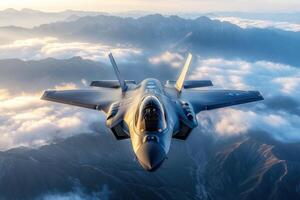 Fighter jet soaring above clouds in breathtaking mountain landscape photo