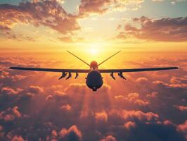 Drone flying over clouds during vibrant sunset in sky photo