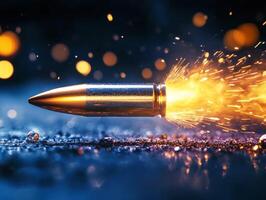 Bullet in motion with sparks and flames during a nighttime shoot photo