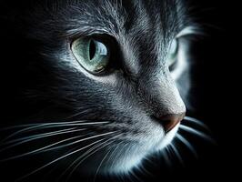 Close-up of a gray cat with striking green eyes and whiskers photo