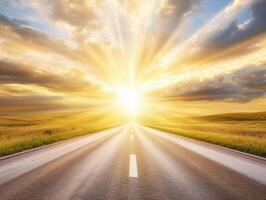 Bright sunrise over an open road with golden light rays photo