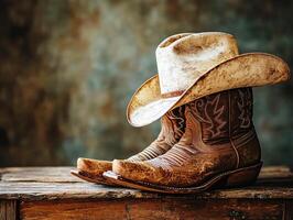 Western cowboy boots and hat displayed on rustic wooden surface photo