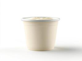 Creamy white yogurt in a plain container on a neutral background photo