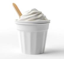 Delicious soft serve ice cream in a white cup with wooden stick photo
