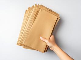Hand holding a stack of brown envelopes on a light background photo