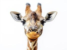 Giraffe with expressive face against white background photo