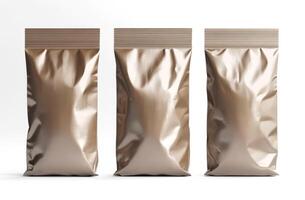 Three metallic bags in a row on a clean surface photo