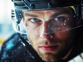 Intense ice hockey player focused during game preparation photo