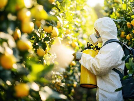 Worker applies pesticide in lemon orchard during daytime photo