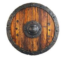 Wooden shield with metal accents used in historical reenactments photo