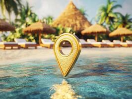 Golden map marker in serene tropical beach setting photo