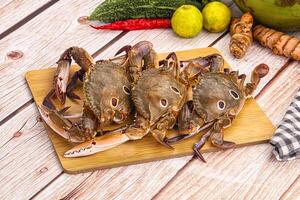 A wooden cutting board with crabs and other vegetables photo