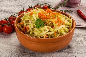A bowl of coleslaw with carrots and tomatoes photo