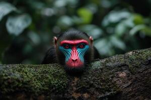 Close up of a colorful Mandrill monkey resting on a mossy branch photo